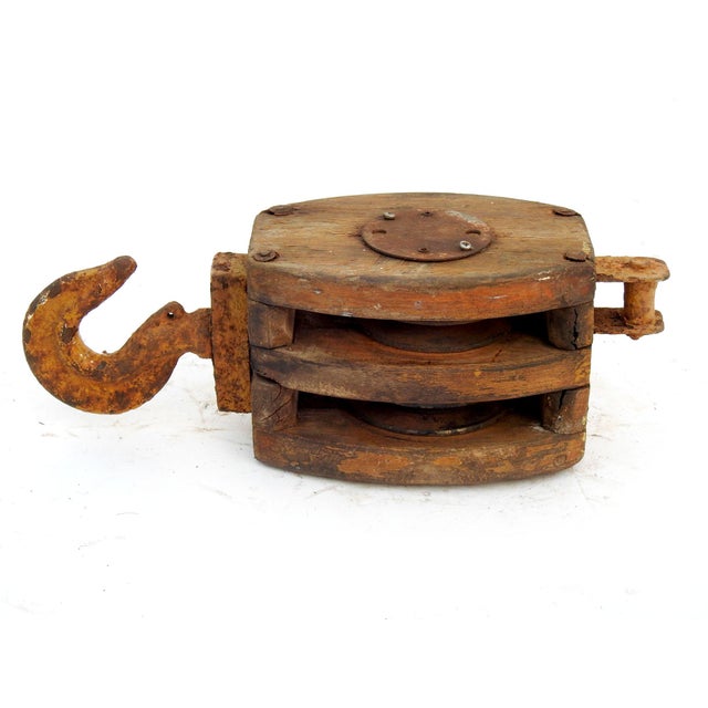 ~ This is a very nice nautical block. ~ Double rope block ~ Color is a dark stain ~ Metal pieces are green color ~ Still...