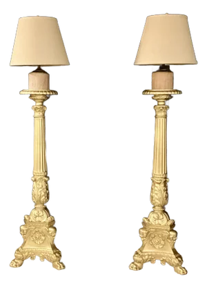 19th Century Pair of Louis XV Style Heavy Gilt Metal Candlesticks Table Lamps