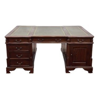 English Partner Desk in Green Leather For Sale