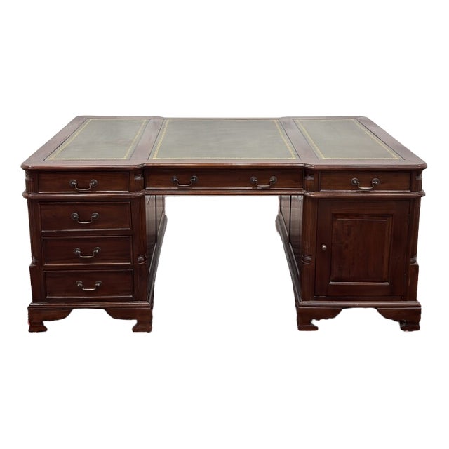 English Partner Desk in Green Leather For Sale
