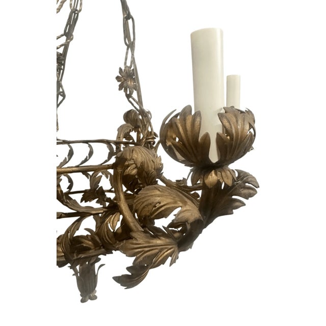 Italian Vintage Italian Style Leaves Decor Metal 6 Arm Wired Chandelier For Sale - Image 3 of 6