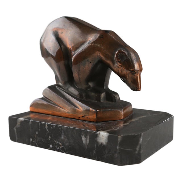 Art Deco Metal Polar Bear on Black Marble Base, France, 1930s For Sale