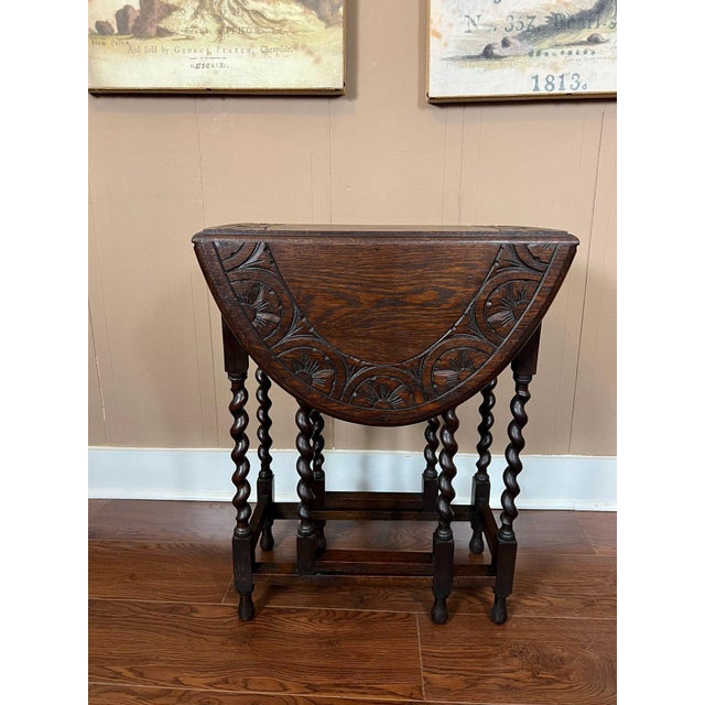English Petite Antique English Side Sofa Table Barley Twist Drop Leaf Gateleg Carved Oak For Sale - Image 3 of 18