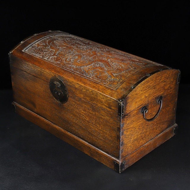Wood Large Hand-Carved Wooden Treasure Chest With Brass Hardware & Dragon Motif For Sale - Image 7 of 9