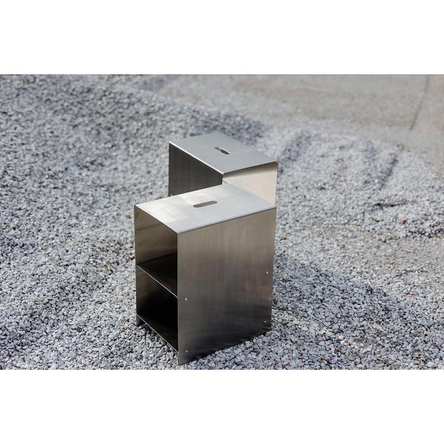Cosmo Multifunctional Stool and Shelf in Brushed Stainless Steel by Form & Eisen For Sale - Image 14 of 18