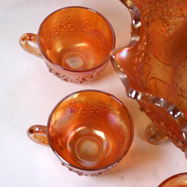 Fenton Art Glass Company Early 20th Century Fenton Marigold Carnival Glass "Orange Tree" Footed Master Fruit Bowl & Cup Set - 7 Pieces For Sale - Image 4 of 11