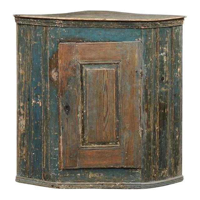 1790s Swedish Gustavian Period Blue Painted Wall Hanging Corner Cabinet For Sale