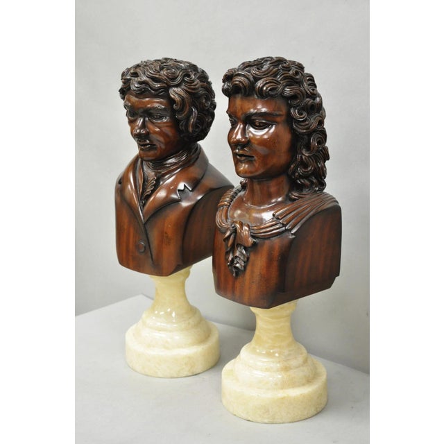 Late 20th Century Classical Maitland Smith Style Carved Mahogany Wood Bust on Alabaster - A Pair For Sale - Image 13 of 15
