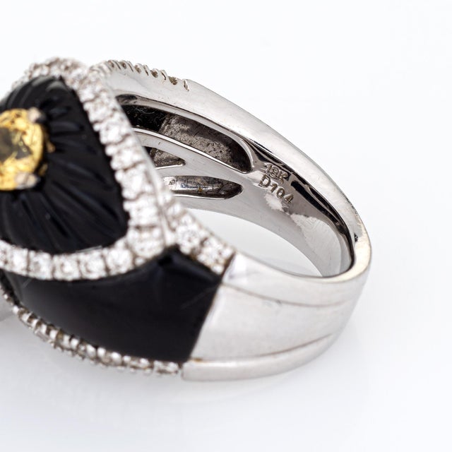 Metal Fluted Onyx Yellow Sapphire Ring Sz 6.5 Diamond Cocktail Jewelry Fine Estate For Sale - Image 7 of 7