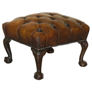 Antique Victorian Claw & Ball Brown Leather Chesterfield Footstool For Sale