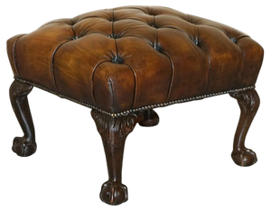 Antique Victorian Claw & Ball Brown Leather Chesterfield Footstool