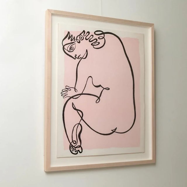 Beautiful continuous black line drawing of a woman by Jean Negulesco. Vintage color serigraph print with pink background...