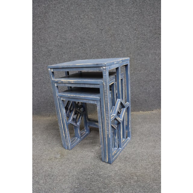 Distressed Blue Graduated Nesting Tables With Geometric Open Base – Set of 3 For Sale - Image 4 of 11