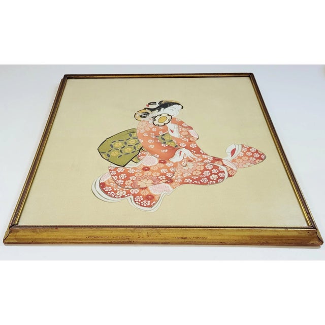 Vintage 20th C Asian Framed Under Glass Geisha in Kimono Painting on Silk For Sale - Image 11 of 12