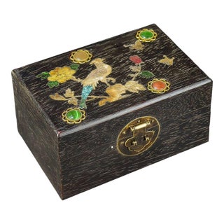 Vintage Chinese Zitan Wood Box With Gold Painted Bird & Gemstone Inlay - Chinoiserie Jewelry Box For Sale