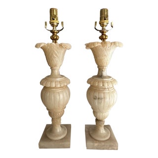 Pair Italian Neoclassic Acanthus Urn Alabaster Table Lamps For Sale