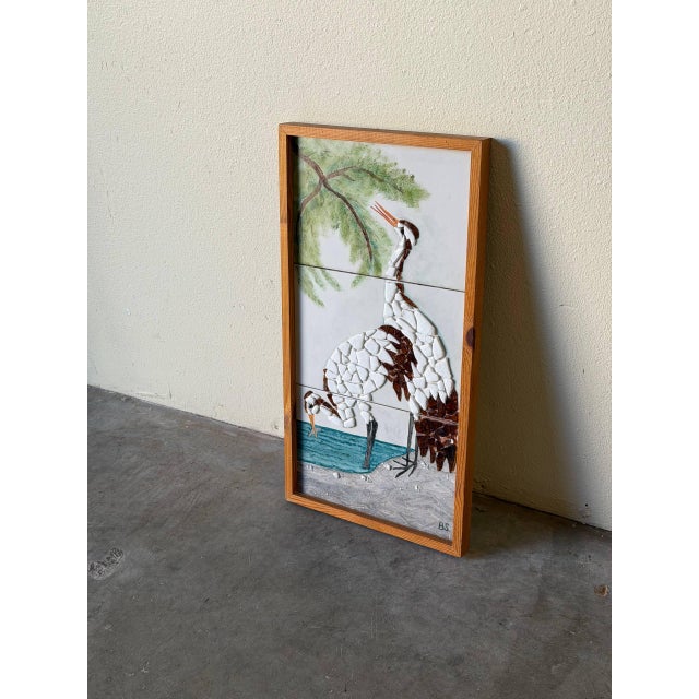 Vintage Danish Mosaic Tile Wall Art With Cranes – Mid Century Modern Framed Panel 1960s For Sale - Image 4 of 10