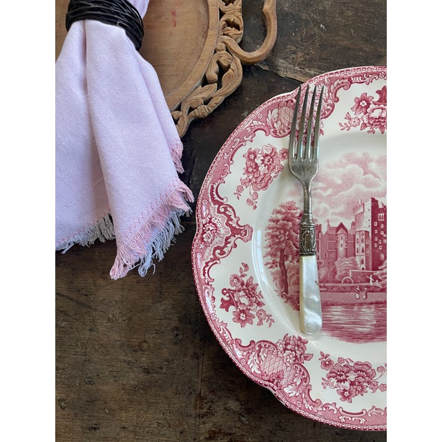 Ceramic Vintage English Pink Transferware Dinner Plates in Old Britain Castles - Set of 7 For Sale - Image 7 of 12