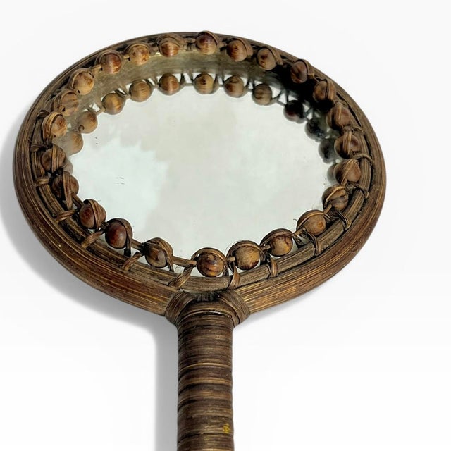 Vintage French Wicker Wrapped Hand Mirror With Decorative Beaded Frame For Sale - Image 4 of 13