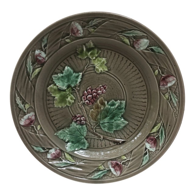 C.1880 French Majolica Grape & Flowers Plate Luneville For Sale