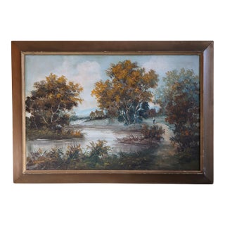 Mid 20th Century B. M. Brown Signed Autumn Cottage Landscape Oil Painting in Wide Gilt Frame For Sale
