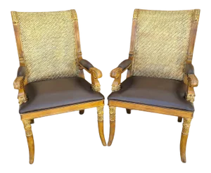 Hooker Neoclassical Wood Leather Wicker Accent Dining Desk Chairs - a Pair