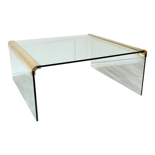 Leon Rosen for Pace Collection Style 1970s Glass and Brass Waterfall Coffee Table For Sale