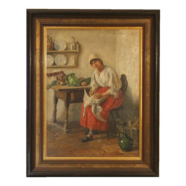 Josef Edgar Kleinert, Goose Stripping, 1890, Oil on Canvas, Framed For Sale