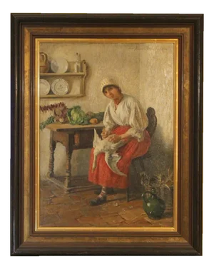 Josef Edgar Kleinert, Goose Stripping, 1890, Oil on Canvas, Framed