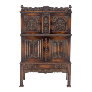 Antique Carved Oak Two Doors Jacobean Style China Cabinet Cupboard Hutch Buffet