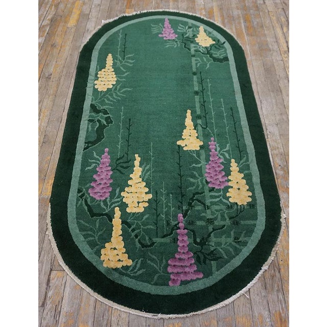 Beautiful Green Background Floral Pattern Pair of Antique Chinese Art Deco Rugs For Sale - Image 11 of 15