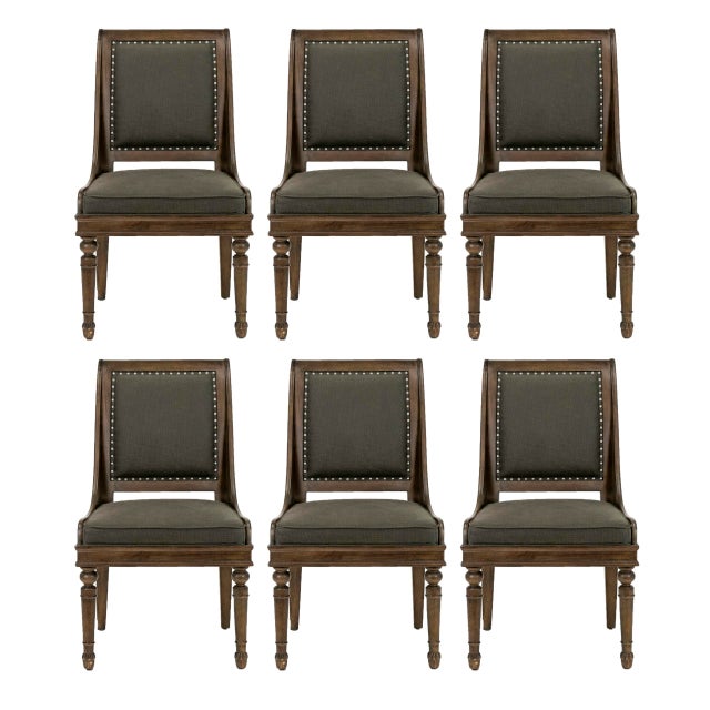 Bernhardt Bernhardt Set of Six Transitional Walnut Dining Chairs With Charcoal Upholstery For Sale - Image 4 of 14