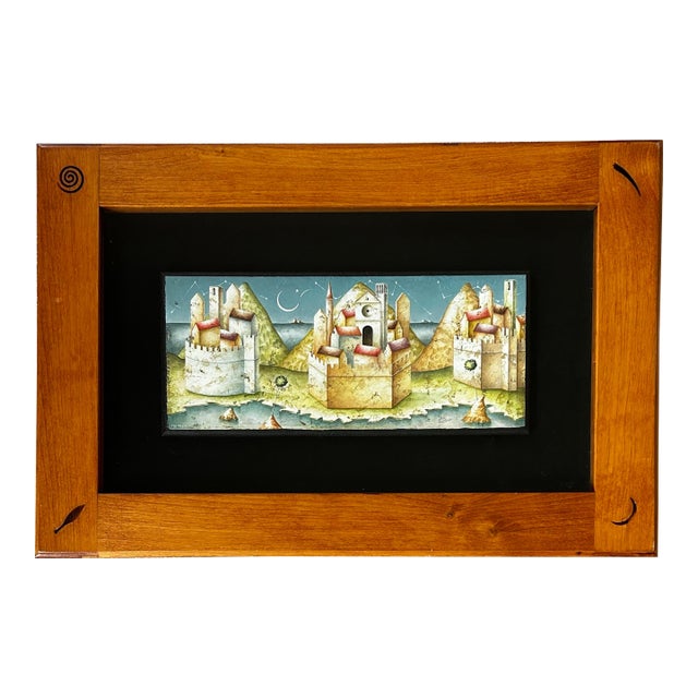 Vintage Surrealistic Tempera Painting on Terra Cotta Tile of Castles by Paolo Grinaldi For Sale