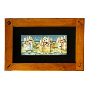 Vintage Surrealistic Tempera Painting on Terra Cotta Tile of Castles by Paolo Grinaldi