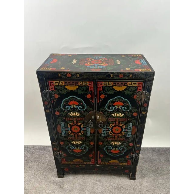 Vintage Asian Chinese Black Lacquered Cabinet or Chest with Hand-Painted Floral Motif: Vintage Asian black lacquered...