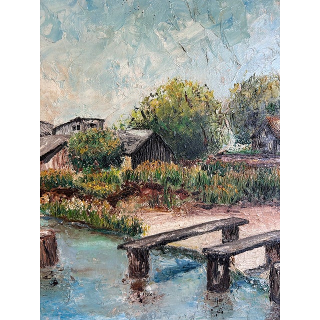 Paint Vintage 1959 Impressionist Oil Painting of a Coastal Beach Village in Carved Wood Frame For Sale - Image 7 of 8
