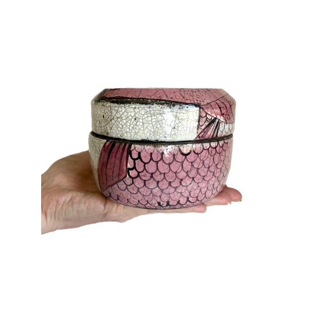 Signed Raku Abstract Ceramic Decorative Round Lidded Box / 1970s Pink Bird Studio Art Pottery For Sale - Image 4 of 7