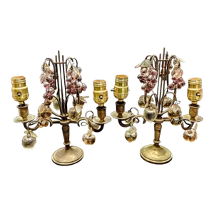 1920's French Antique Napoleon III Bronze/ Crystal Fruit & Petal Table Lamps/ Girandoles a - Pair