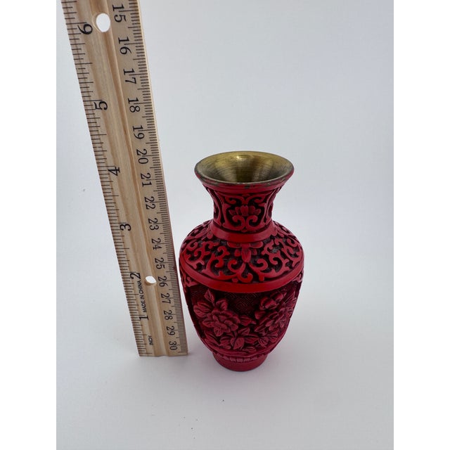 Paint 1950s Carved Chinese Cinnabar Lacquer Miniature Vase With Floral Motifs & Brass Rim For Sale - Image 7 of 7