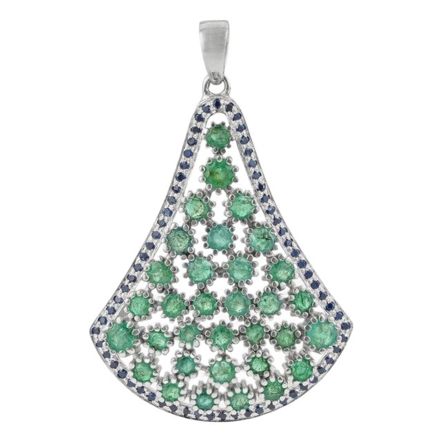 4.17 Carat Statement Emerald Pendant in 925 Silver With Sapphire Detailing For Sale