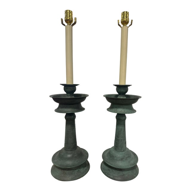 Pair of Patinated Bronze Candlestick Lamps, Continental, Late 19th–20th C. For Sale