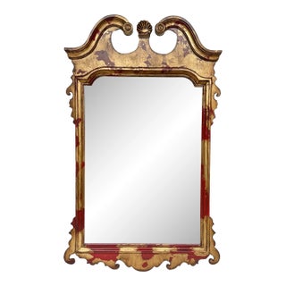 Vintage Regency Style Red Parcel Gilt Chippendale Wall Mirror - Newly Painted For Sale