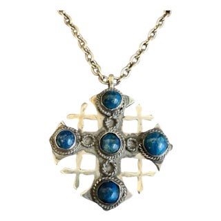 Vintage Jerusalem Cross Pendant Necklace 800 Silver Blue Lapis Cabachon Stones For Sale