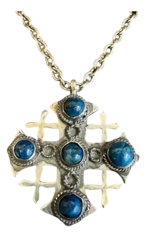 Vintage Jerusalem Cross Pendant Necklace 800 Silver Blue Lapis Cabachon Stones