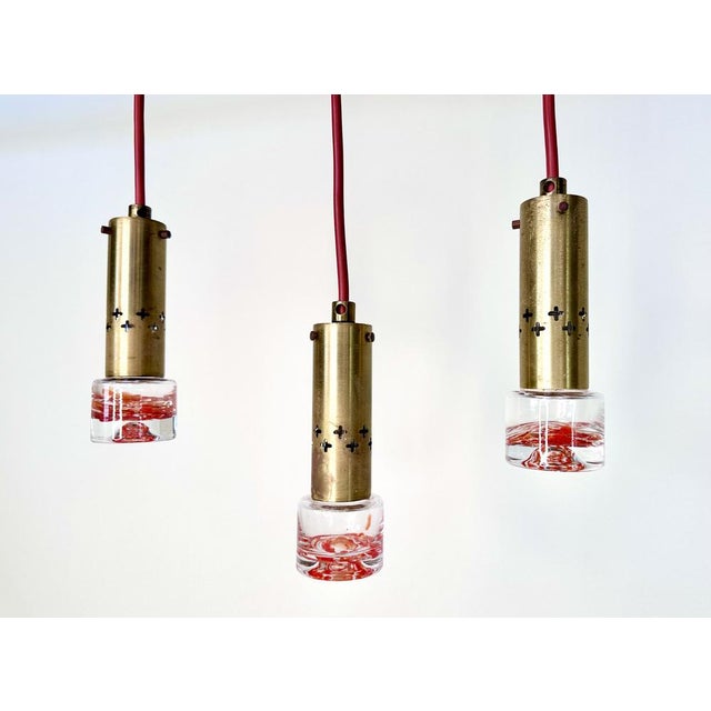 Mid-Century Modern 3-Light Brass and Mouth-Blown Glass Art Hanging Lamp, Sweden 1960s For Sale - Image 3 of 18