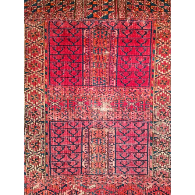 Near Square Size Vintage Turkmen Tekke Ensi in Prayer Pattern in Red, Navy, Ivory, Blue For Sale - Image 10 of 16