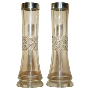 Antique Cut Glass Crystal & Sterling Silver Plant Vases, 1908, Set of 2
