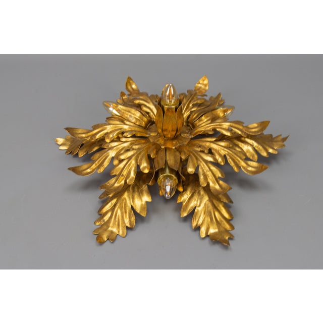 Gilt Metal Leafed Sunburst-Shaped Four-Light Flush Mount, 1970s For Sale - Image 11 of 18