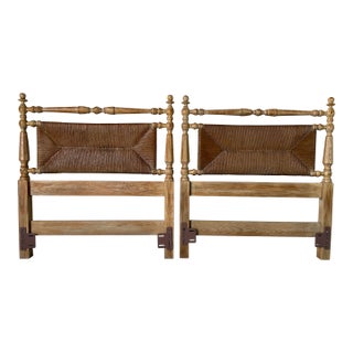 Vintage Coastal Organic Pickled Ash & Woven Rush Twin Headboards – Pair For Sale