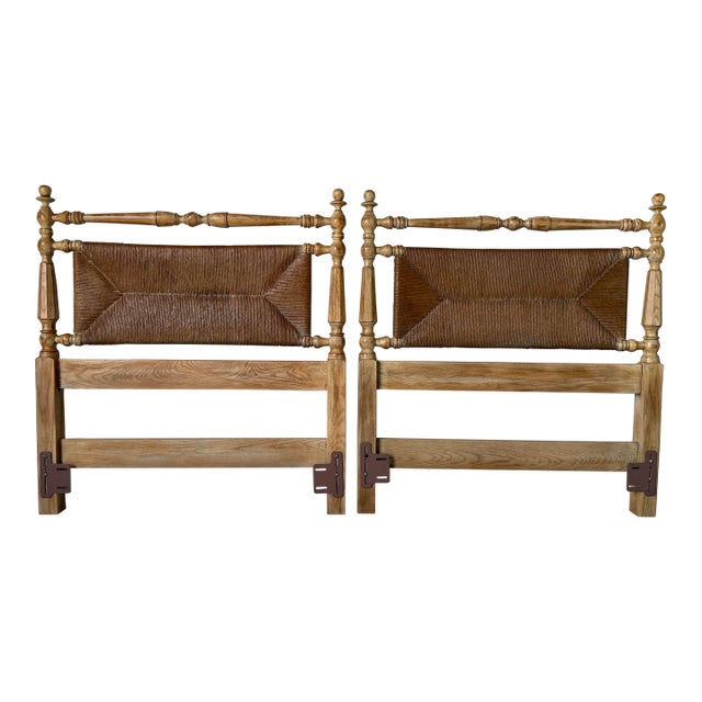 Vintage Coastal Organic Pickled Ash & Woven Rush Twin Headboards – Pair For Sale